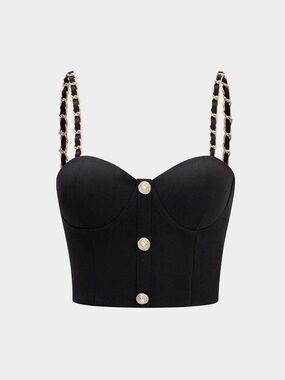 Black Chain-Strap Bustier Tank Top with Gold Buttons